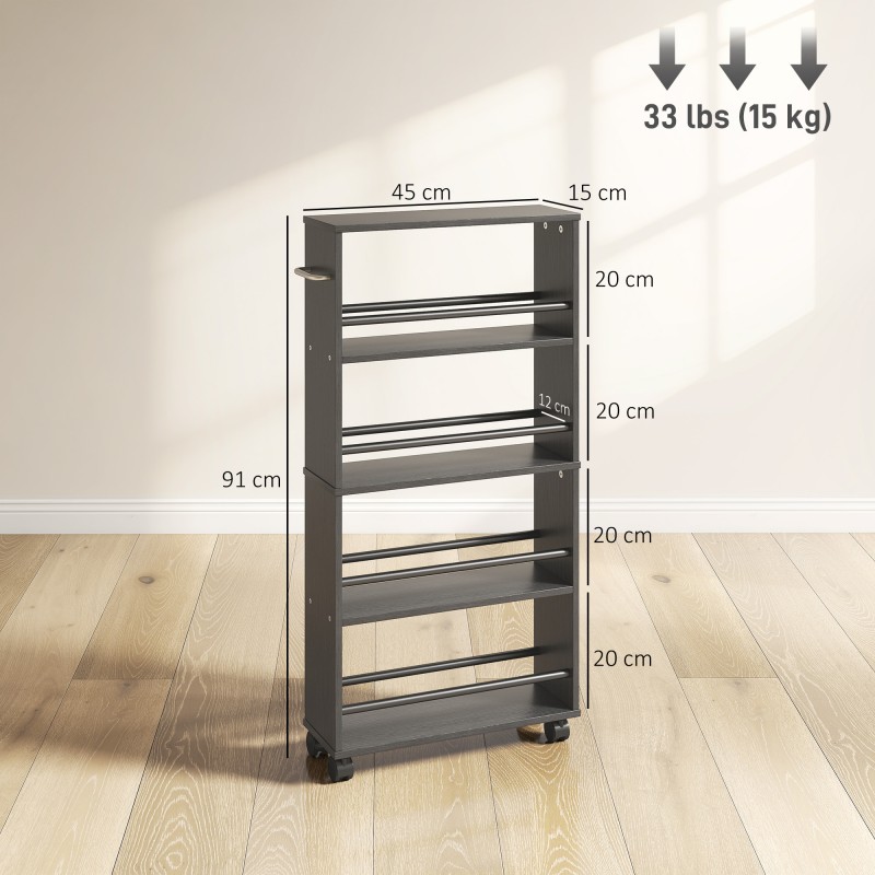 Kapea rullattava säilytyshylly 4 tasoa lastulevy 45x15x91 cm musta