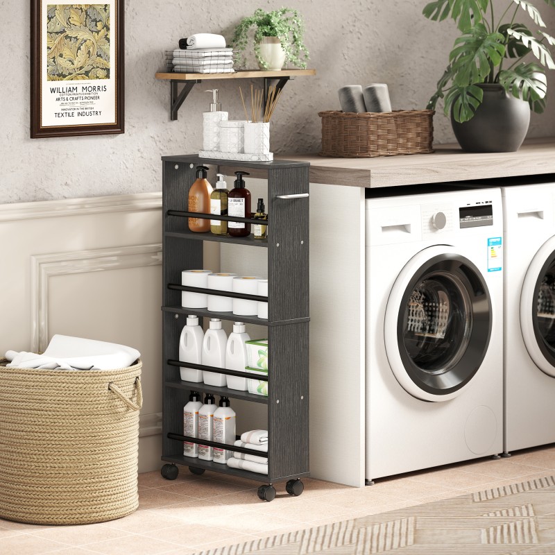 Kapea rullattava säilytyshylly 4 tasoa lastulevy 45x15x91 cm musta