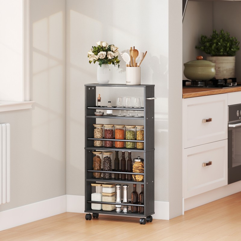 Kapea rullattava säilytyshylly 4 tasoa lastulevy 45x15x91 cm musta