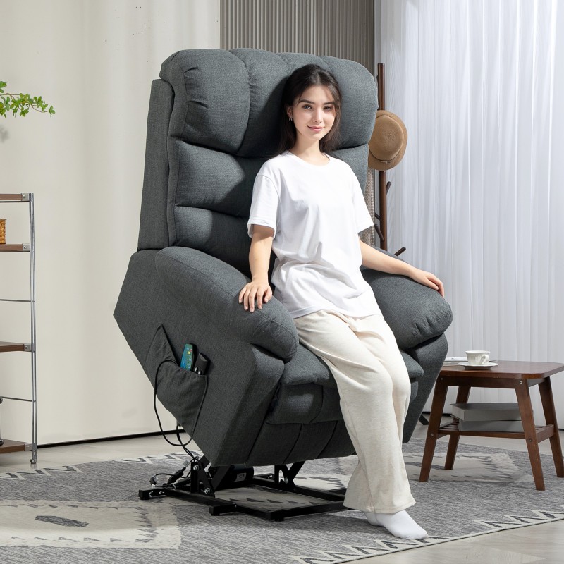 Sähköinen lepotuoli nostotoiminnolla ja hieronnalla, pellavamainen polyesteri, tummanharmaa