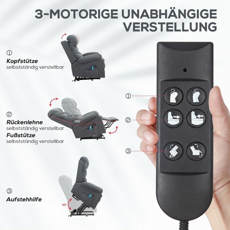 Sähköinen lepotuoli nostotoiminnolla ja hieronnalla, pellavamainen polyesteri, tummanharmaa