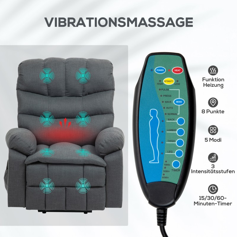 Sähköinen lepotuoli nostotoiminnolla ja hieronnalla, pellavamainen polyesteri, tummanharmaa