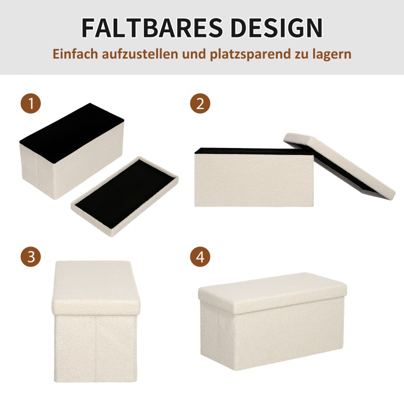 Säilytyspenkki olohuoneeseen ja makuuhuoneeseen, samettimainen kangas, 76x38x38 cm, 84 L, cremevalkoinen