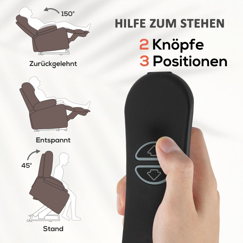 Sähkökäyttöinen nousu- ja lepotuoli hieronnalla ja lannerangan lämmityksellä, samettipinta, tummanruskea