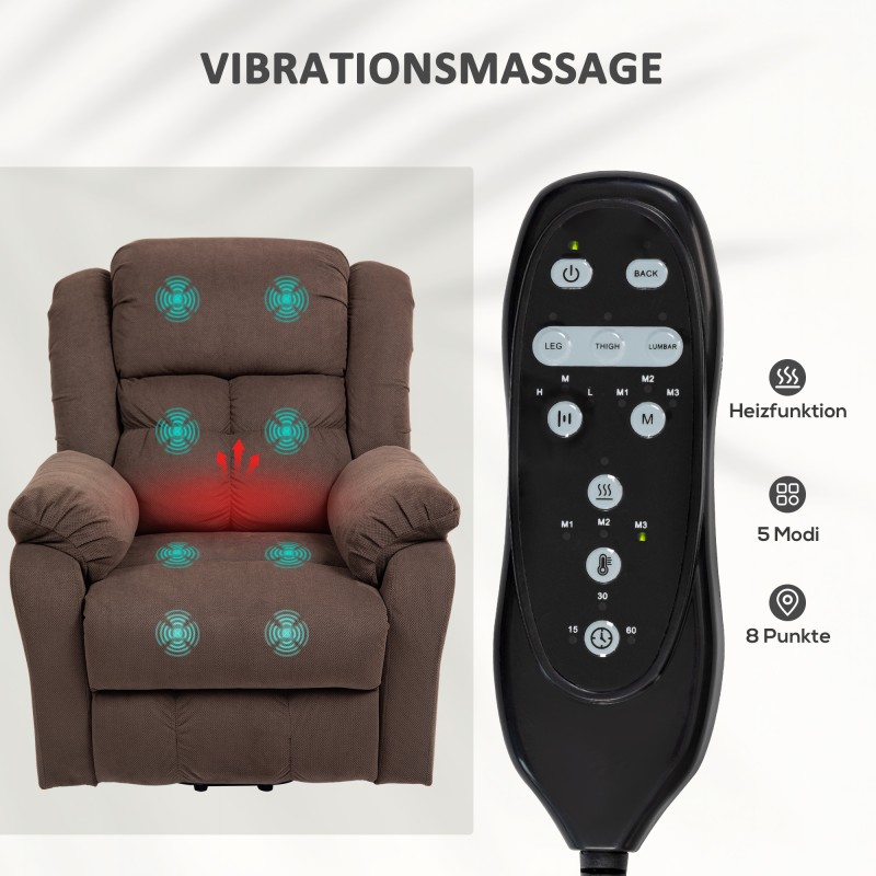 Sähkökäyttöinen nousu- ja lepotuoli hieronnalla ja lannerangan lämmityksellä, samettipinta, tummanruskea