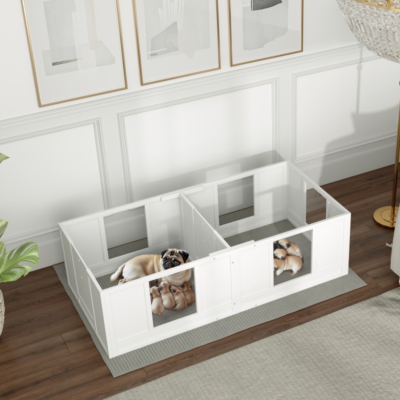 Pentulaatikko pienille koirille, 2-osainen, läpinäkyvä akryylipaneeli, puu/MDF, 164x80x48 cm, valkoinen