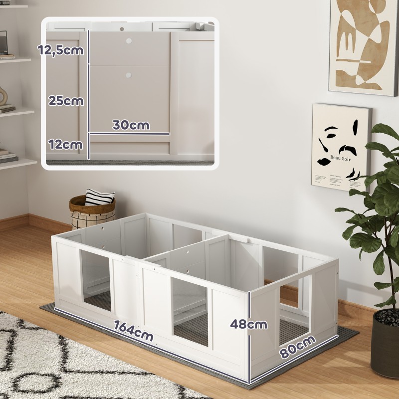 Pentulaatikko pienille koirille, 2-osainen, läpinäkyvä akryylipaneeli, puu/MDF, 164x80x48 cm, valkoinen