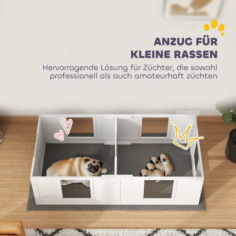 Pentulaatikko pienille koirille, 2-osainen, läpinäkyvä akryylipaneeli, puu/MDF, 164x80x48 cm, valkoinen