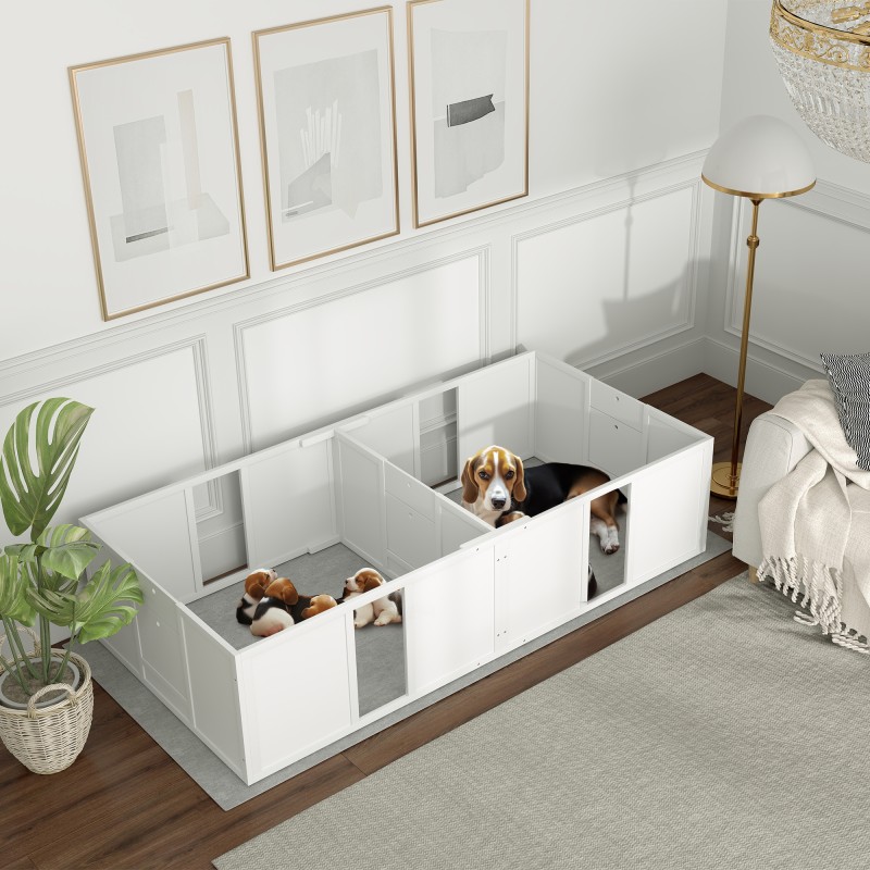 Pentulaatikko koirille, jaettava 2 tilaan, puu/MDF, akryyli-ikkuna, 196 x 96 x 48 cm, valkoinen