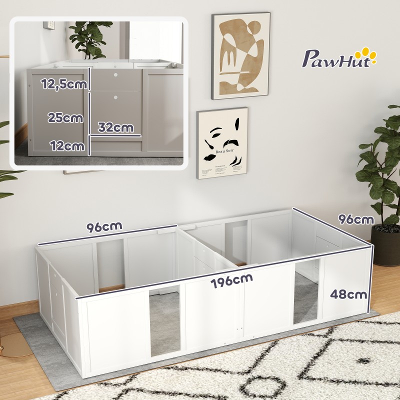 Pentulaatikko koirille, jaettava 2 tilaan, puu/MDF, akryyli-ikkuna, 196 x 96 x 48 cm, valkoinen