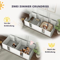 Pentulaatikko koirille, jaettava 2 tilaan, puu/MDF, akryyli-ikkuna, 196 x 96 x 48 cm, valkoinen