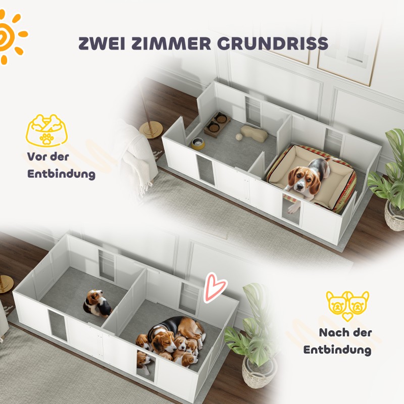 Pentulaatikko koirille, jaettava 2 tilaan, puu/MDF, akryyli-ikkuna, 196 x 96 x 48 cm, valkoinen