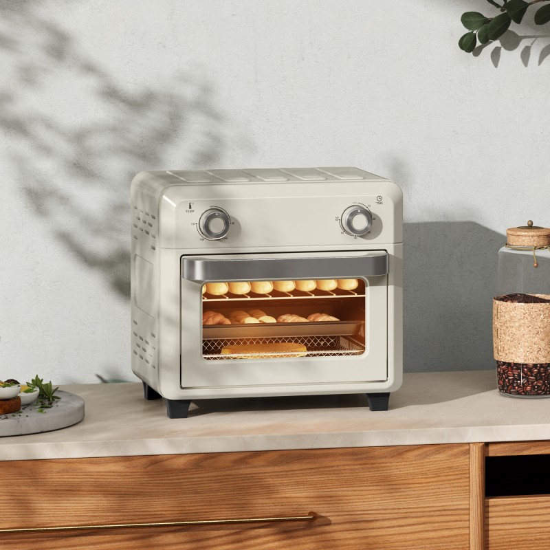 Kiertoilmauuni 10 L 1000 W grillaukseen, leivontaan ja frittaukseen, ajastin, konepesun kestävät osat, cremevalkoinen