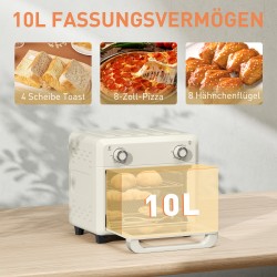 Kiertoilmauuni 10 L 1000 W grillaukseen, leivontaan ja frittaukseen, ajastin, konepesun kestävät osat, cremevalkoinen