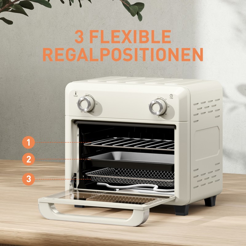 Kiertoilmauuni 10 L 1000 W grillaukseen, leivontaan ja frittaukseen, ajastin, konepesun kestävät osat, cremevalkoinen
