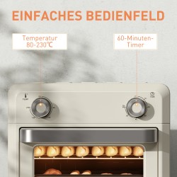 Kiertoilmauuni 10 L 1000 W grillaukseen, leivontaan ja frittaukseen, ajastin, konepesun kestävät osat, cremevalkoinen