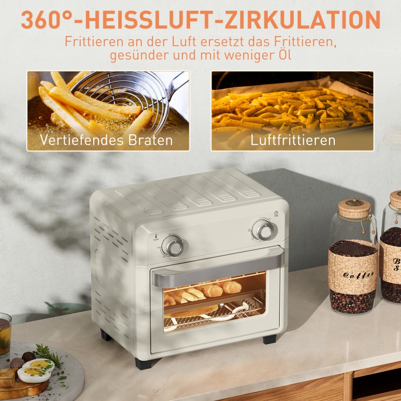 Kiertoilmauuni 10 L 1000 W grillaukseen, leivontaan ja frittaukseen, ajastin, konepesun kestävät osat, cremevalkoinen