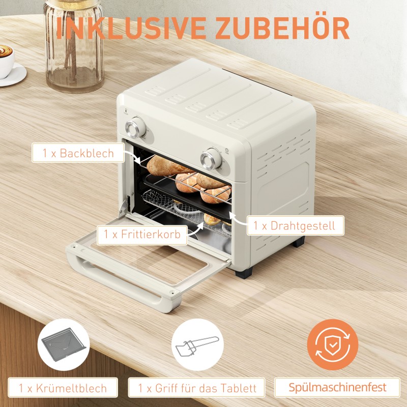 Kiertoilmauuni 10 L 1000 W grillaukseen, leivontaan ja frittaukseen, ajastin, konepesun kestävät osat, cremevalkoinen