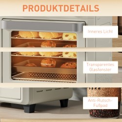 Kiertoilmauuni 10 L 1000 W grillaukseen, leivontaan ja frittaukseen, ajastin, konepesun kestävät osat, cremevalkoinen