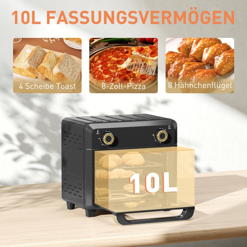 Kiertoilmaminiuuni ja airfryer, 10 l, 1000 W, ajastin ja sisävalo, musta