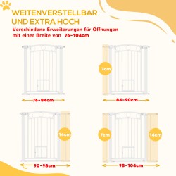 Lemmikkien turvaportti kissanluukulla, terästä, säädettävä 76–104 cm, korkeus 96 cm, valkoinen