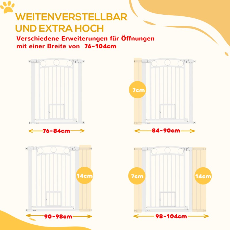 Lemmikkien turvaportti kissanluukulla, terästä, säädettävä 76–104 cm, korkeus 96 cm, valkoinen