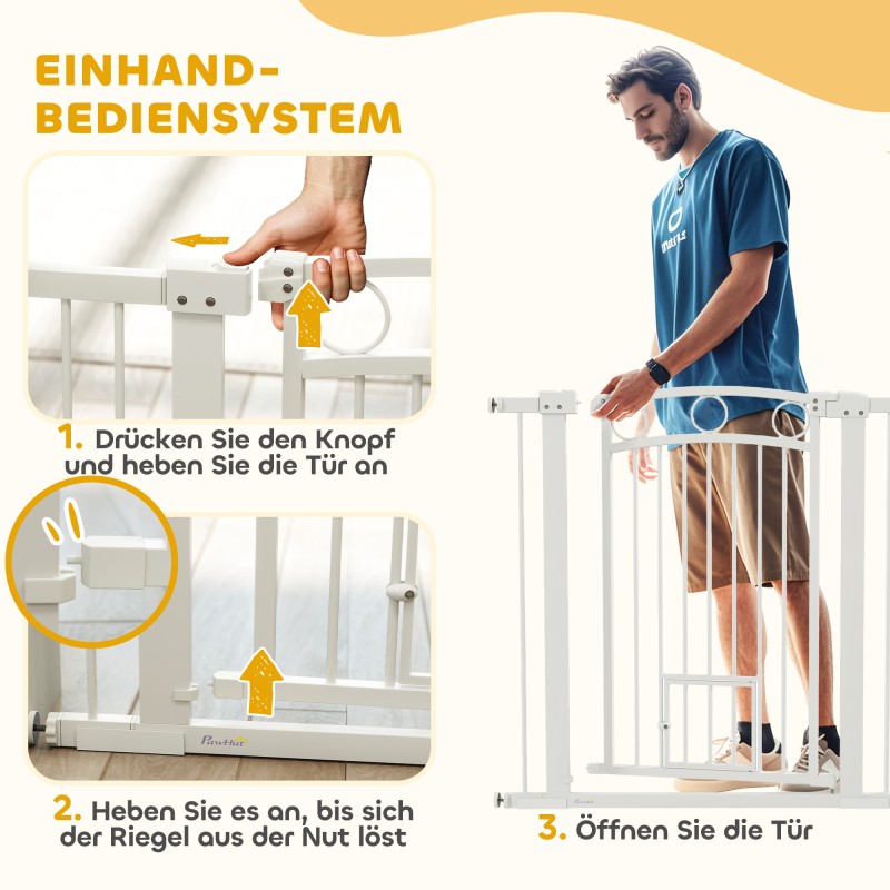 Lemmikkien turvaportti kissanluukulla, terästä, säädettävä 76–104 cm, korkeus 96 cm, valkoinen
