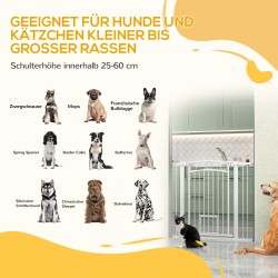 Lemmikkien turvaportti kissanluukulla, terästä, säädettävä 76–104 cm, korkeus 96 cm, valkoinen