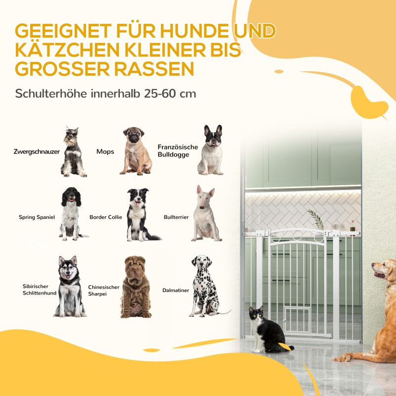 Lemmikkien turvaportti kissanluukulla, terästä, säädettävä 76–104 cm, korkeus 96 cm, valkoinen