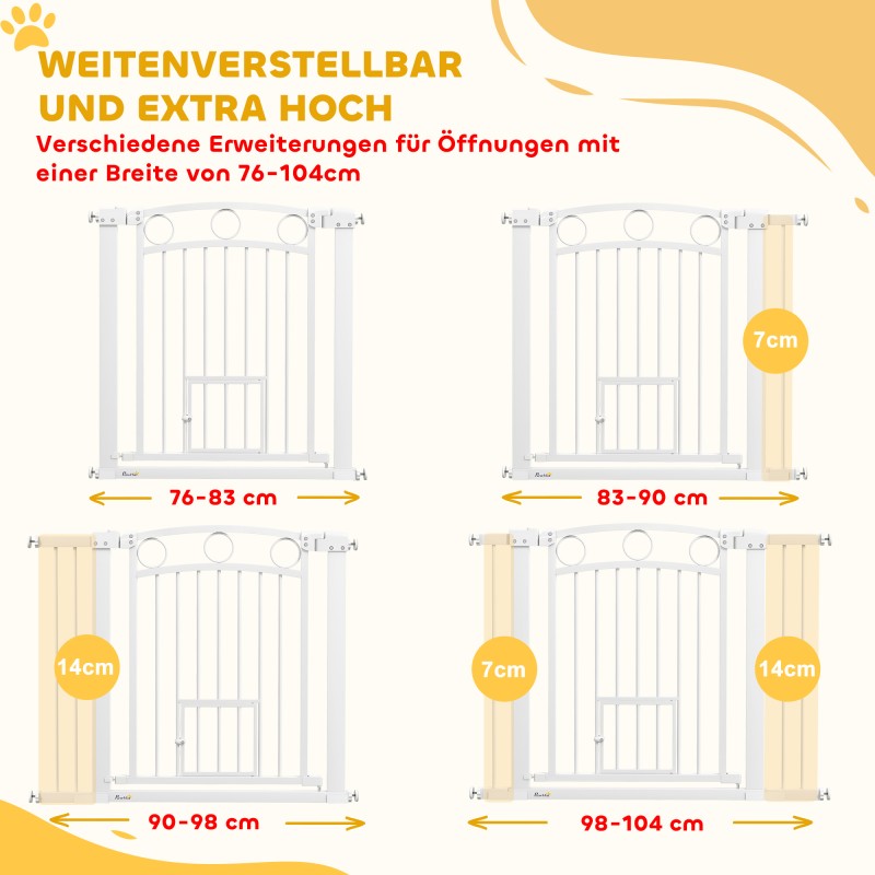 Lemmikkien turvaportti kissanluukulla, terästä, säädettävä leveys 76–104 cm, korkeus 77 cm, valkoinen