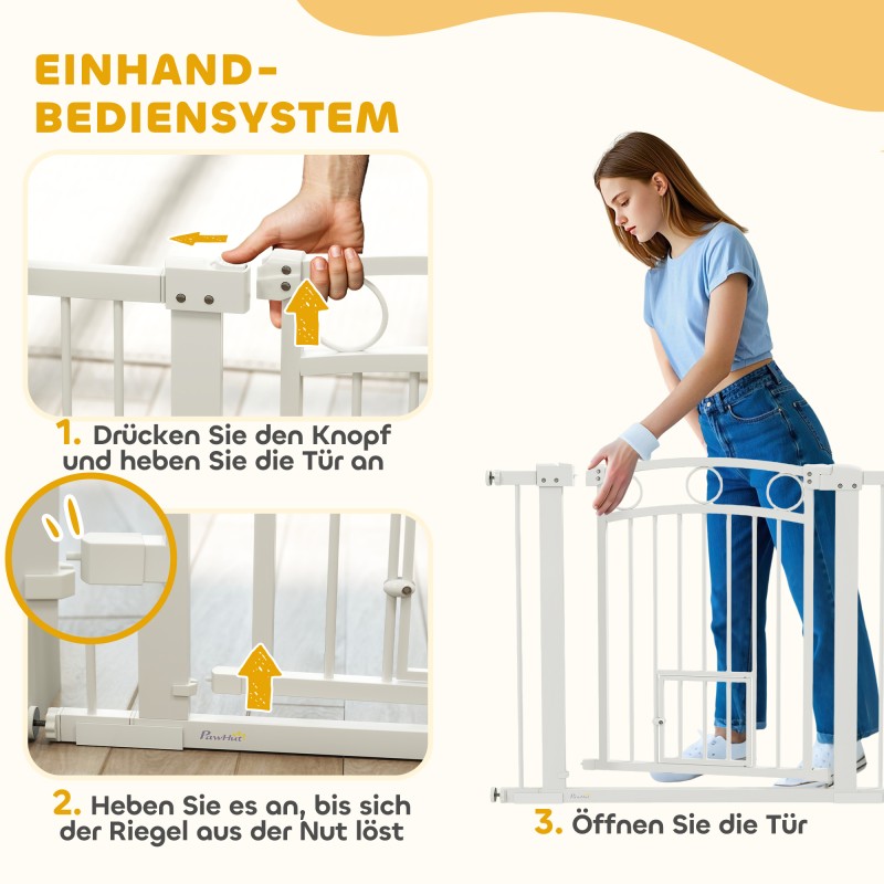 Lemmikkien turvaportti kissanluukulla, terästä, säädettävä leveys 76–104 cm, korkeus 77 cm, valkoinen