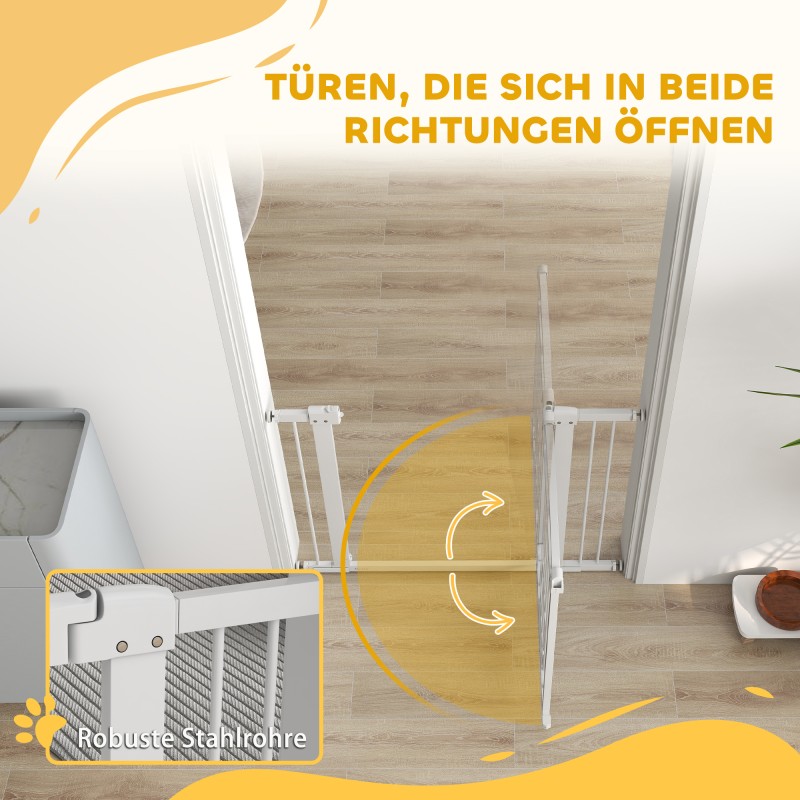 Lemmikkien turvaportti kissanluukulla, terästä, säädettävä leveys 76–104 cm, korkeus 77 cm, valkoinen