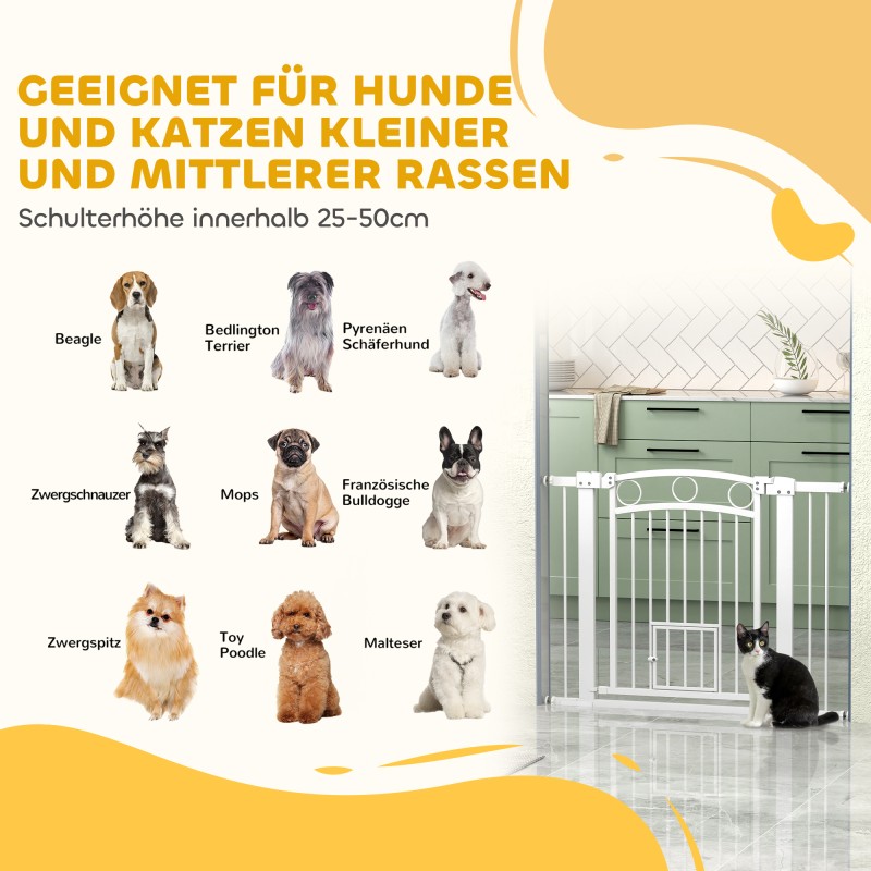 Lemmikkien turvaportti kissanluukulla, terästä, säädettävä leveys 76–104 cm, korkeus 77 cm, valkoinen