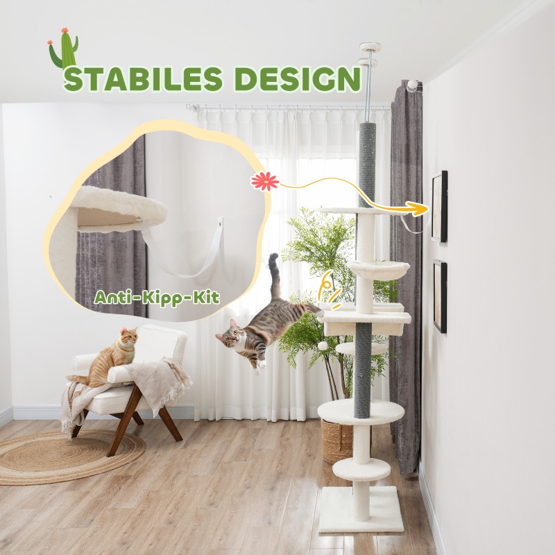 Kattoon ulottuva raapimapuu kissoille, säädettävä 225–255 cm, tasot ja riippumakuu, valkoinen/harmaa