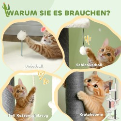 Kattoon ulottuva raapimapuu kissoille, säädettävä 225–255 cm, tasot ja riippumakuu, valkoinen/harmaa