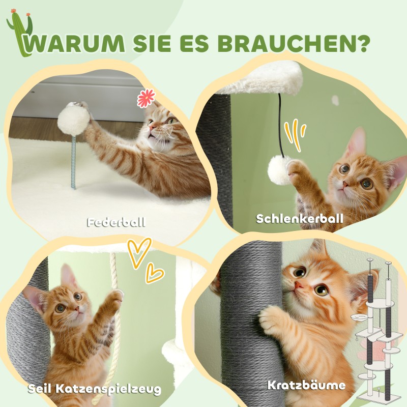 Kattoon ulottuva raapimapuu kissoille, säädettävä 225–255 cm, tasot ja riippumakuu, valkoinen/harmaa