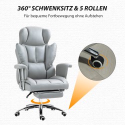 Ergonominen työtuoli jalkatuella, säädettävä ja pyörivä, pehmustettu mikrokuitu, vaaleanharmaa