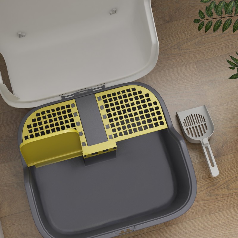 Kissanvessa kannella ja lapiolla, muovia, 50 x 50 x 39 cm, cremevalkoinen