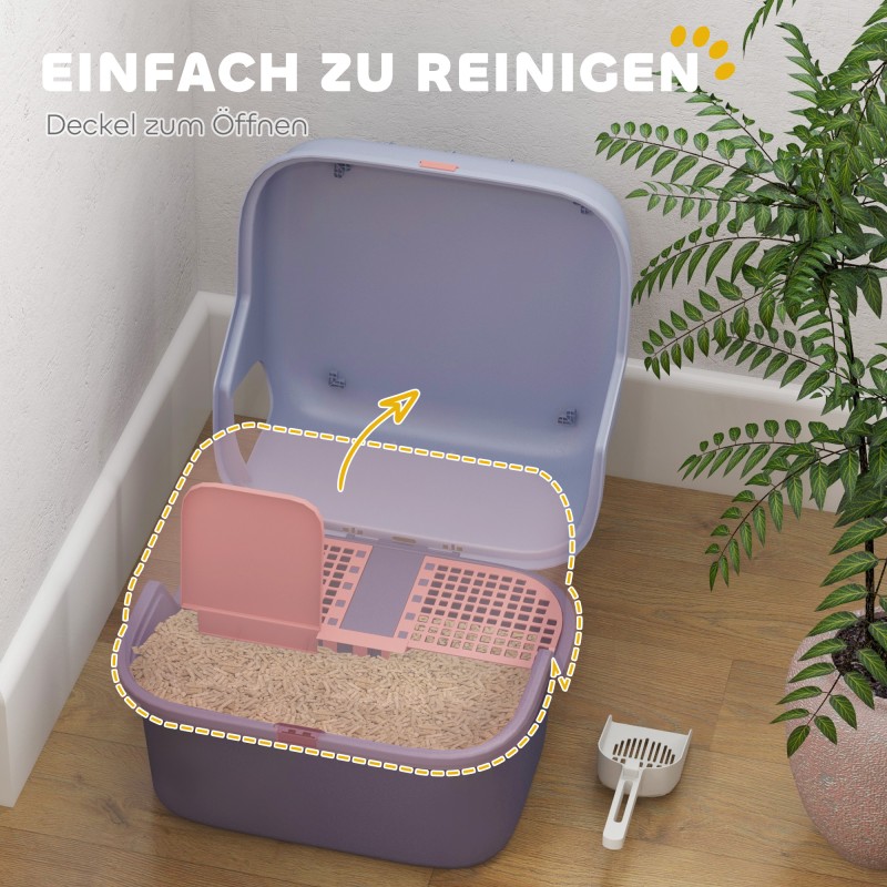 Kissanvessa kannella ja hiekkalapiolla, muovia, 50 x 50 x 39 cm, violetti