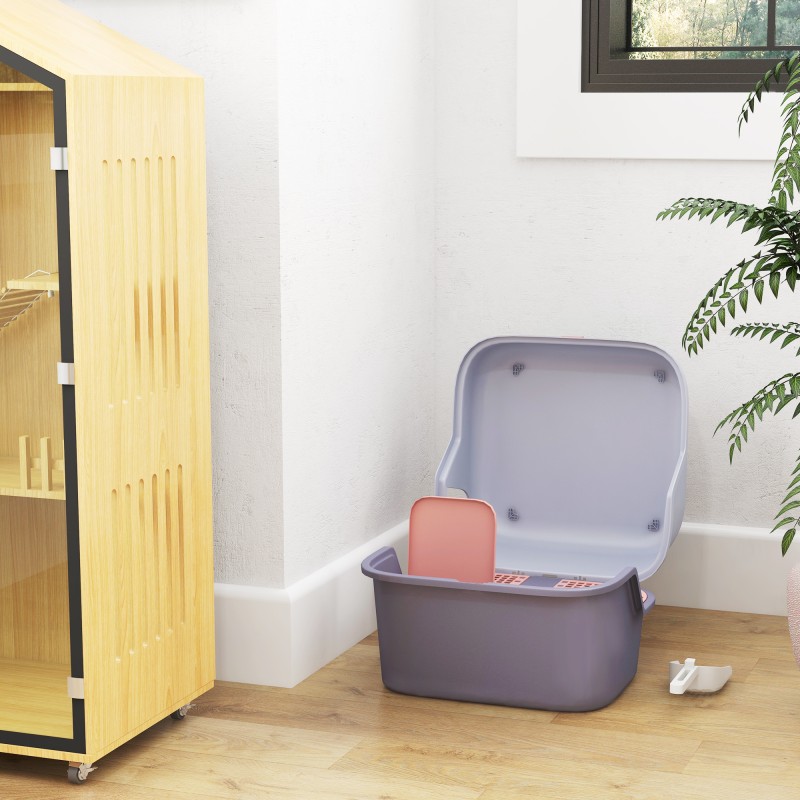 Kissanvessa kannella ja hiekkalapiolla, muovia, 50 x 50 x 39 cm, violetti