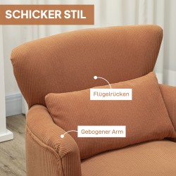 Moderni käsinojallinen lepotuoli lannelastalla, eukalyptus- ja kumipuujalat, oranssi