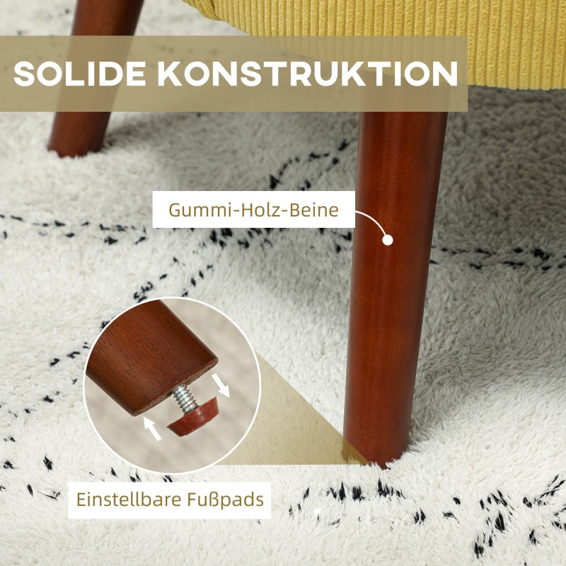 Nojatuoli käsinojilla ja lannetyynyllä, cord-kangas, puujalat, 69 x 69,5 x 78 cm, keltainen