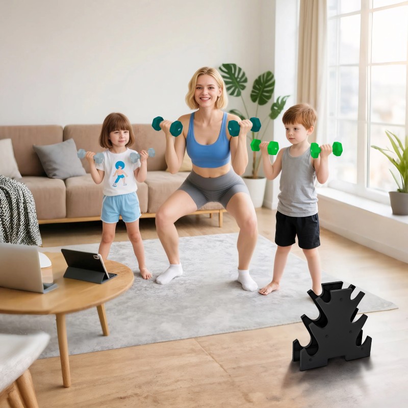 Käsipainosarja telineellä kotitreeniin 6 kpl (2 x 1 kg, 2 x 3 kg, 2 x 5 kg), harmaa/vihreä/turkoosi