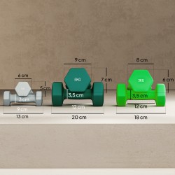 Käsipainosarja telineellä kotitreeniin 6 kpl (2 x 1 kg, 2 x 3 kg, 2 x 5 kg), harmaa/vihreä/turkoosi