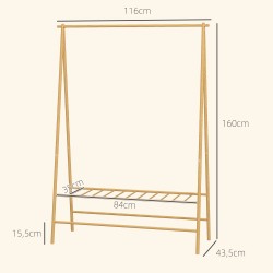 Bambuinen vaateteline kenkähyllyllä ja koukuilla eteiseen, luonnonpuu, 116 x 43,5 x 160 cm