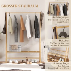 Bambuinen vaateteline kenkähyllyllä ja koukuilla eteiseen, luonnonpuu, 116 x 43,5 x 160 cm