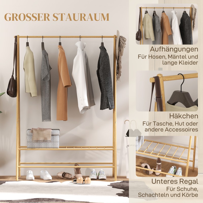 Bambuinen vaateteline kenkähyllyllä ja koukuilla eteiseen, luonnonpuu, 116 x 43,5 x 160 cm