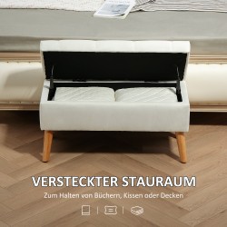 Säilytyspenkki samettimaisella kangasverhoilulla, puujalat, 80 x 35 x 42 cm, valkoinen