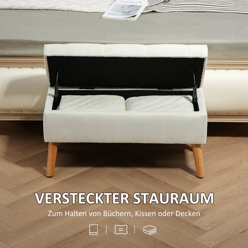 Säilytyspenkki samettimaisella kangasverhoilulla, puujalat, 80 x 35 x 42 cm, valkoinen