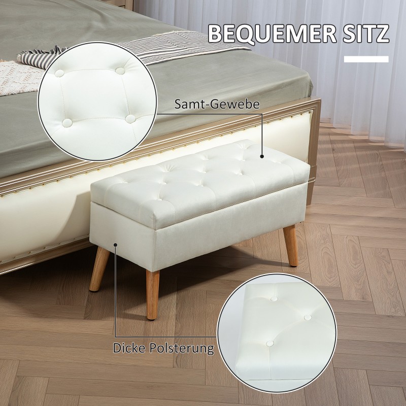 Säilytyspenkki samettimaisella kangasverhoilulla, puujalat, 80 x 35 x 42 cm, valkoinen